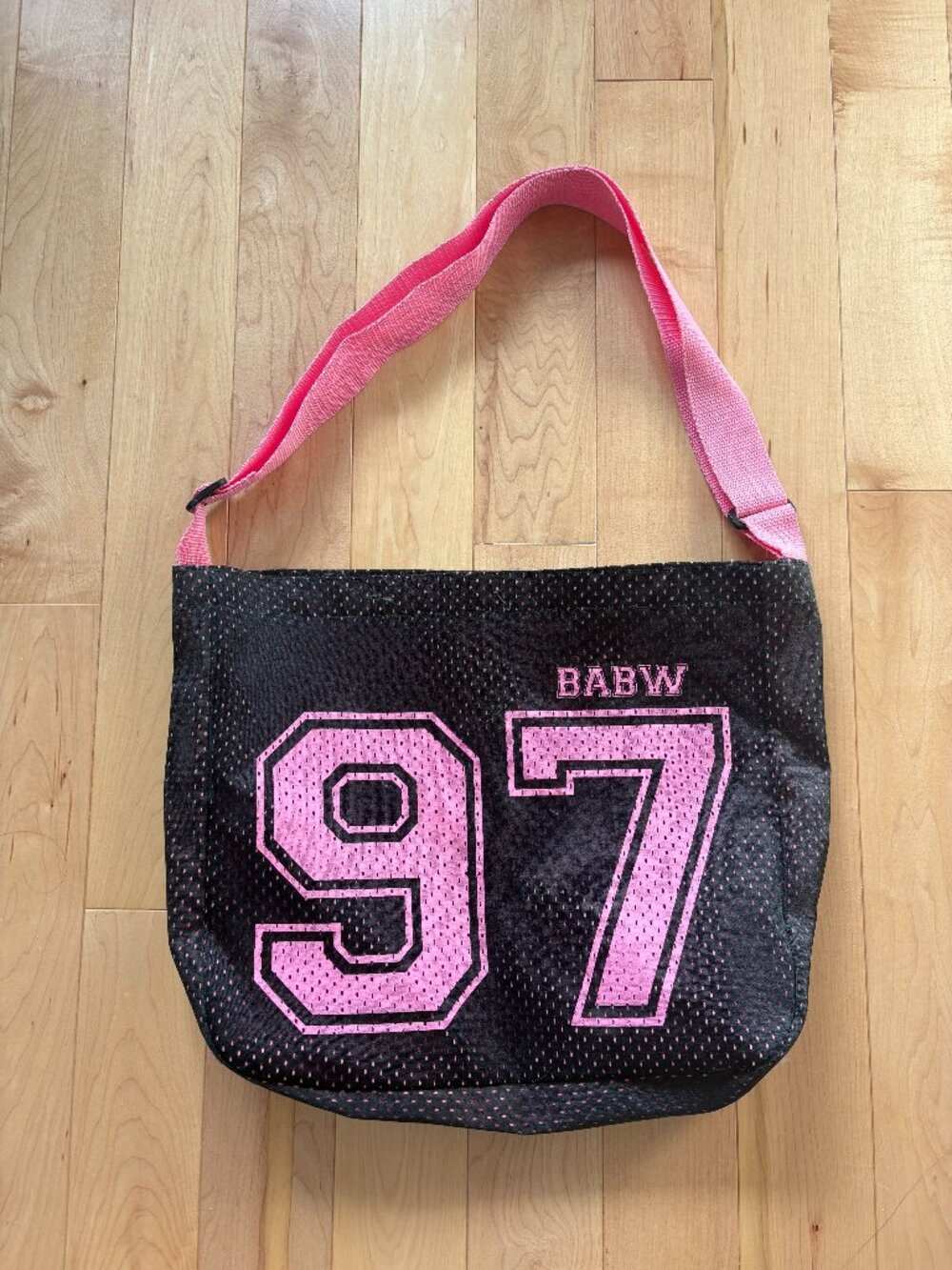 neon pink number black bag
